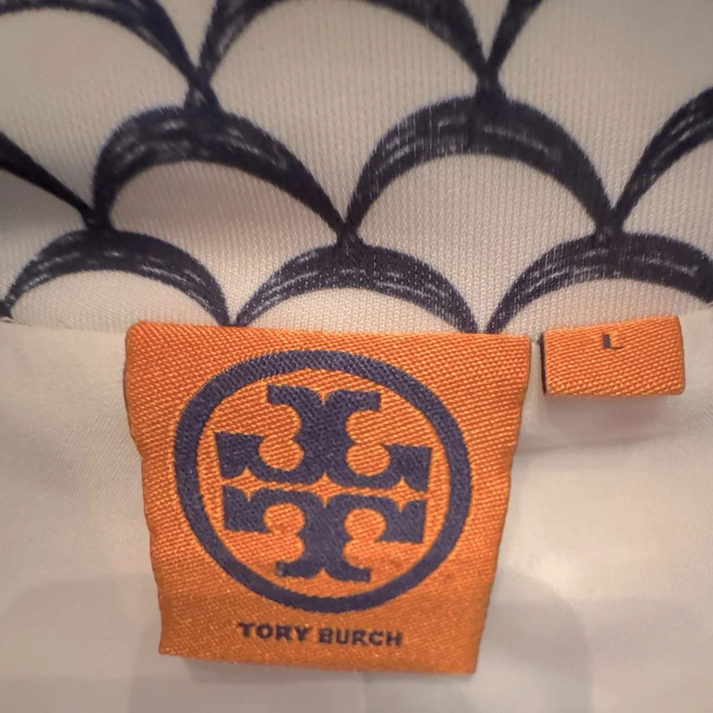 Tory Burch‎ Women Scalloped Print White Blue Blazer Size L
